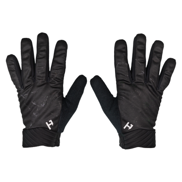 A pair of black winter gloves shown flat against a solid white background, with a small white stylized 'H' logo on the back of each glove.