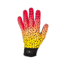 A single athletic glove shown flat against a solid white background. The glove features a vibrant gradient transitioning from red at the fingertips, through orange and yellow on the back of the hand, to black at the wrist.