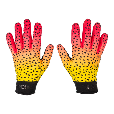 A pair of athletic gloves shown front and back against a plain white background. The gloves feature a vibrant gradient transitioning from red at the fingertips, through orange and yellow, to a black dotted pattern, with black wrist cuffs.