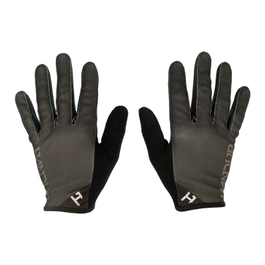 Pair of black gloves with a brand logo on a white background