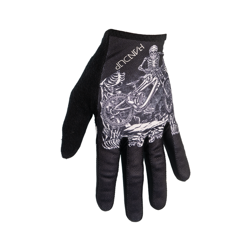 Black glove with white skeleton and motorcycle design on a white background