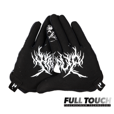 Black gloves with white tribal design on a white background, featuring 'Full Touch' touchscreen technology label.