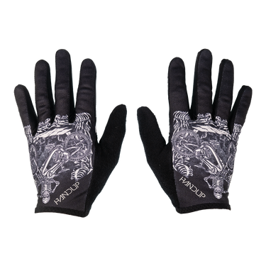Pair of black gloves with white graphics on a white background