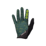 A single PNDUP brand work glove shown flat against a white background. The glove features a dark green and black camouflage pattern on the back of the hand, a solid black palm side, and bright neon yellow grip dots on the fingers.