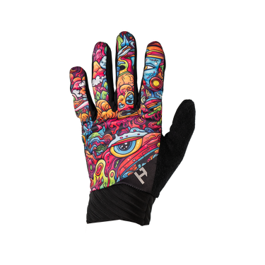 Colorful graphic glove with black accents on a white background