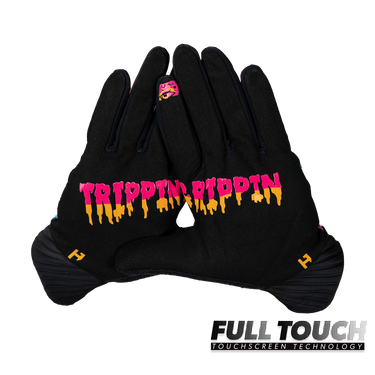 Black glove with 'TRIPPIN RIPPIN' text on a white background
