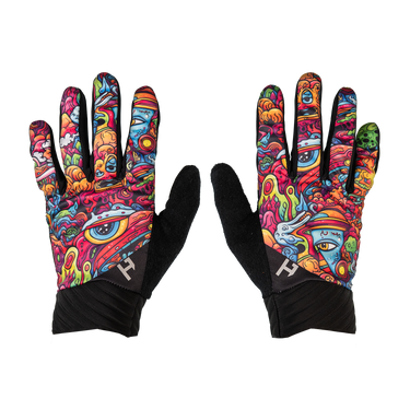 Colorful gloves with abstract designs on a white background
