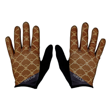 Pair of gloves with brown patterned palm and black cuffs on a white background