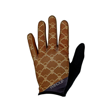 Brown patterned glove with black palm on a white background