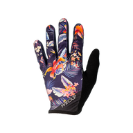Glove with colorful floral and bird design on a white background
