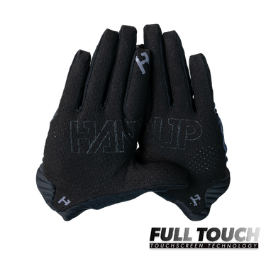 Black gloves with touchscreen technology on a white background