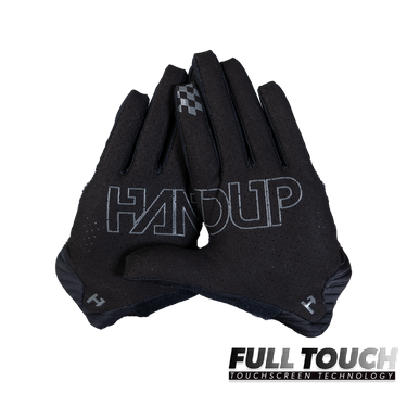 Black glove with white 'Handup' branding on the palms on a white background