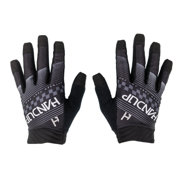 Black glove with white 'Handup' branding and checkered detail on a white background