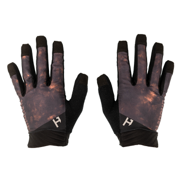 Pair of gloves with a camouflage pattern and black accents on a white background