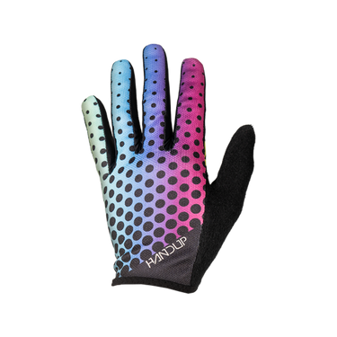 Colorful gradient glove with black polka dots on a white background
