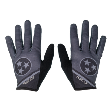 Pair of black and gray gloves with a brand logo on a white background