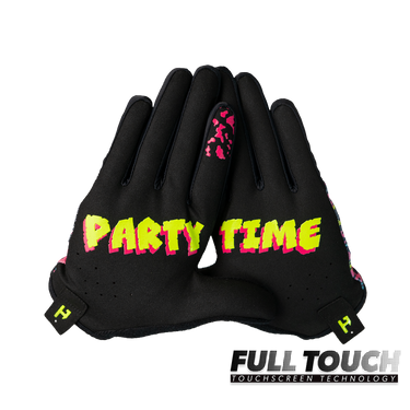 Black gloves with 'PARTY TIME' text on a white background, featuring Full Touch touchscreen technology.