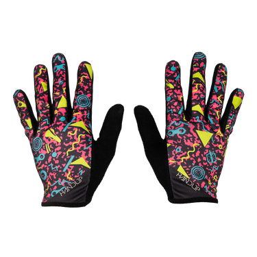 Pair of colorful gloves with black accents on a white background
