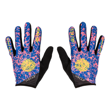 Pair of colorful gloves with black accents on a white background