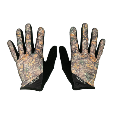 Pair of camouflage gloves with black accents on a white background