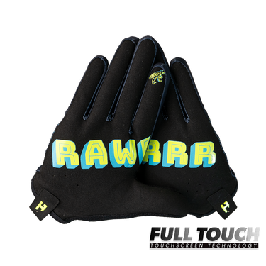 Black gloves with 'RAWRR' text and touchscreen technology label on a white background