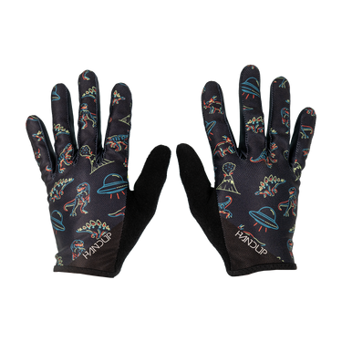 Pair of black gloves with colorful dinosaur and UFO patterns on a white background