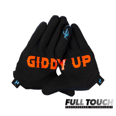 Gloves with 'GIDDY UP' text on the palms
