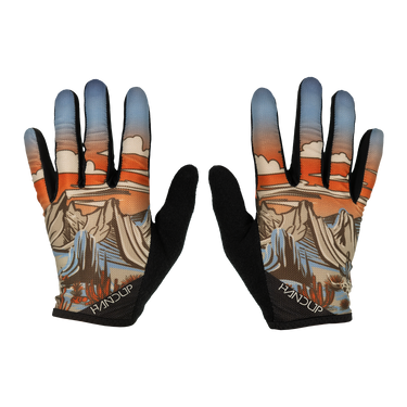 Gloves with a western desert theme design and 'HANDUP' branding