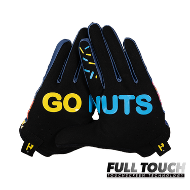 Black gloves with 'GO NUTS' text on a white background