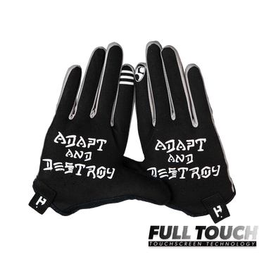 Black gloves with 'Adapt and Destroy' text on a white background