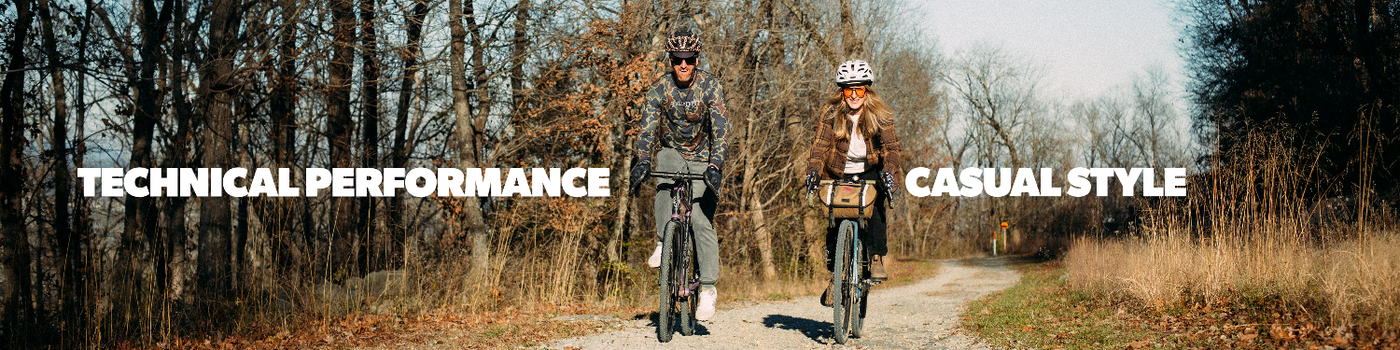 Two people riding bicycles on a path with text 'Technical Performance' and 'Casual Style'.