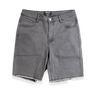 A pair of faded grey jorts, shorts that are designed to look like overalls but without the top buttons and straps.