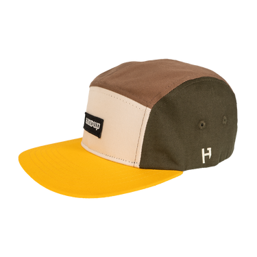 Multicolored cap with a brand logo on a white background