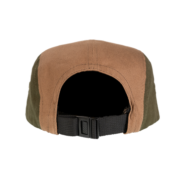 Brown and green cap with a black strap on a white background