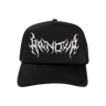 Black trucker cap with white logo on a white background