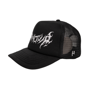 Black trucker cap with white logo on a white background