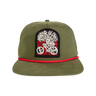 Green cap with a motorcycle patch and red band on a white background