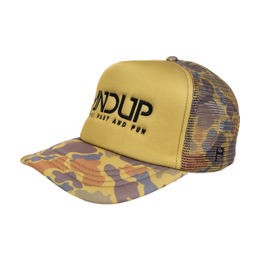 Yellow cap with camouflage brim and mesh back on a white background