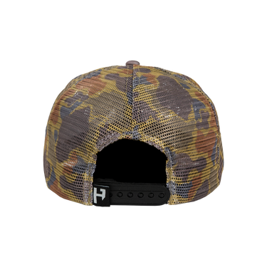 Camouflage-patterned cap with mesh back on a white background