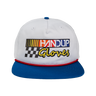 White cap with colorful text and logo on a white background