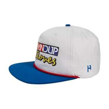 White and blue cap with colorful text and branding on a white background