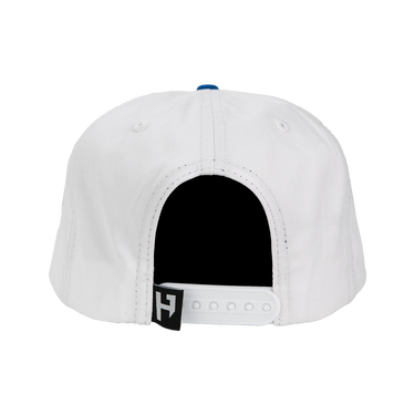 White cap with a black logo on the back against a white background
