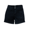 Black denim shorts on a white background