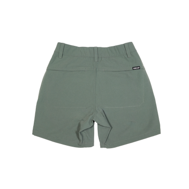 Green shorts with a brand logo on a white background