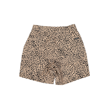 Beige shorts with black leopard print pattern on a white background