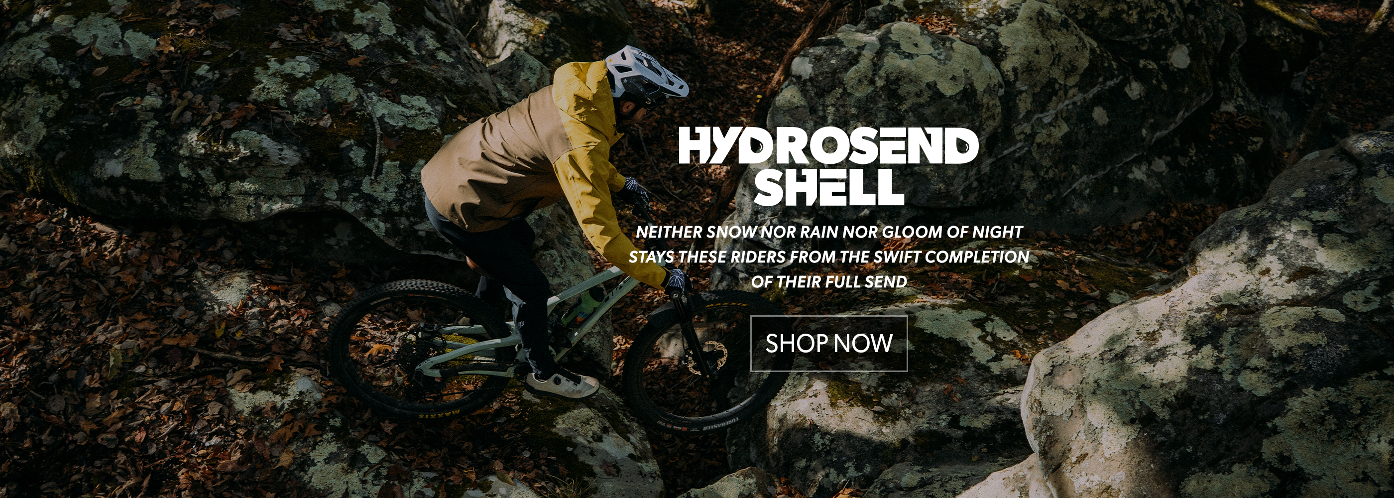 Hydrosend shell product on a rocky background with promotional text.