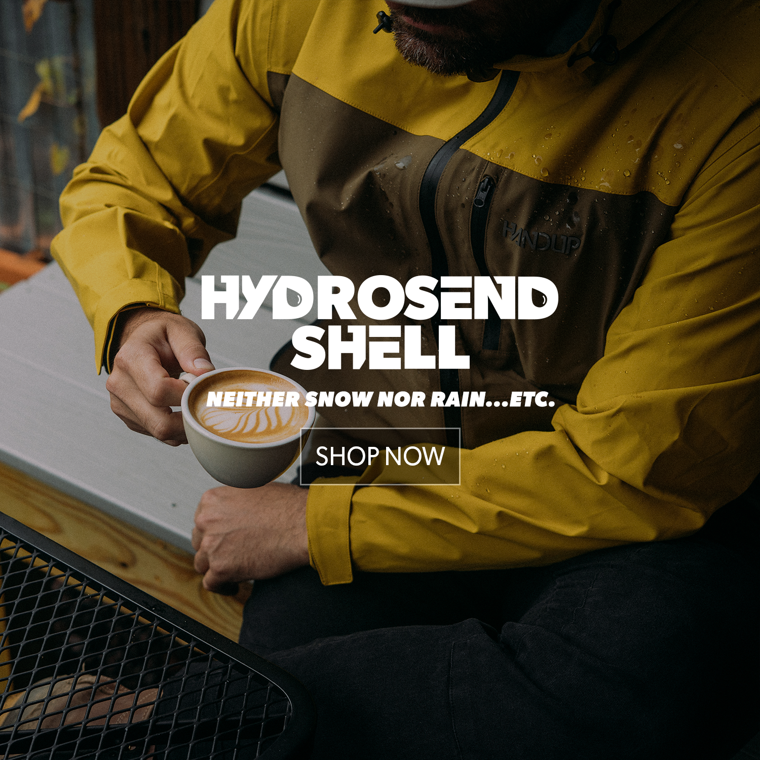 Person wearing a yellow and brown jacket holding a coffee cup, with promotional text overlay.