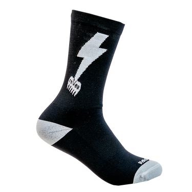 Black sock with a white lightning bolt design on a white background
