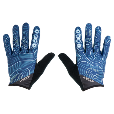 blue cycling gloves with white topo design and IMBA logo