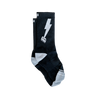 Black socks with a white lightning bolt design on a white background